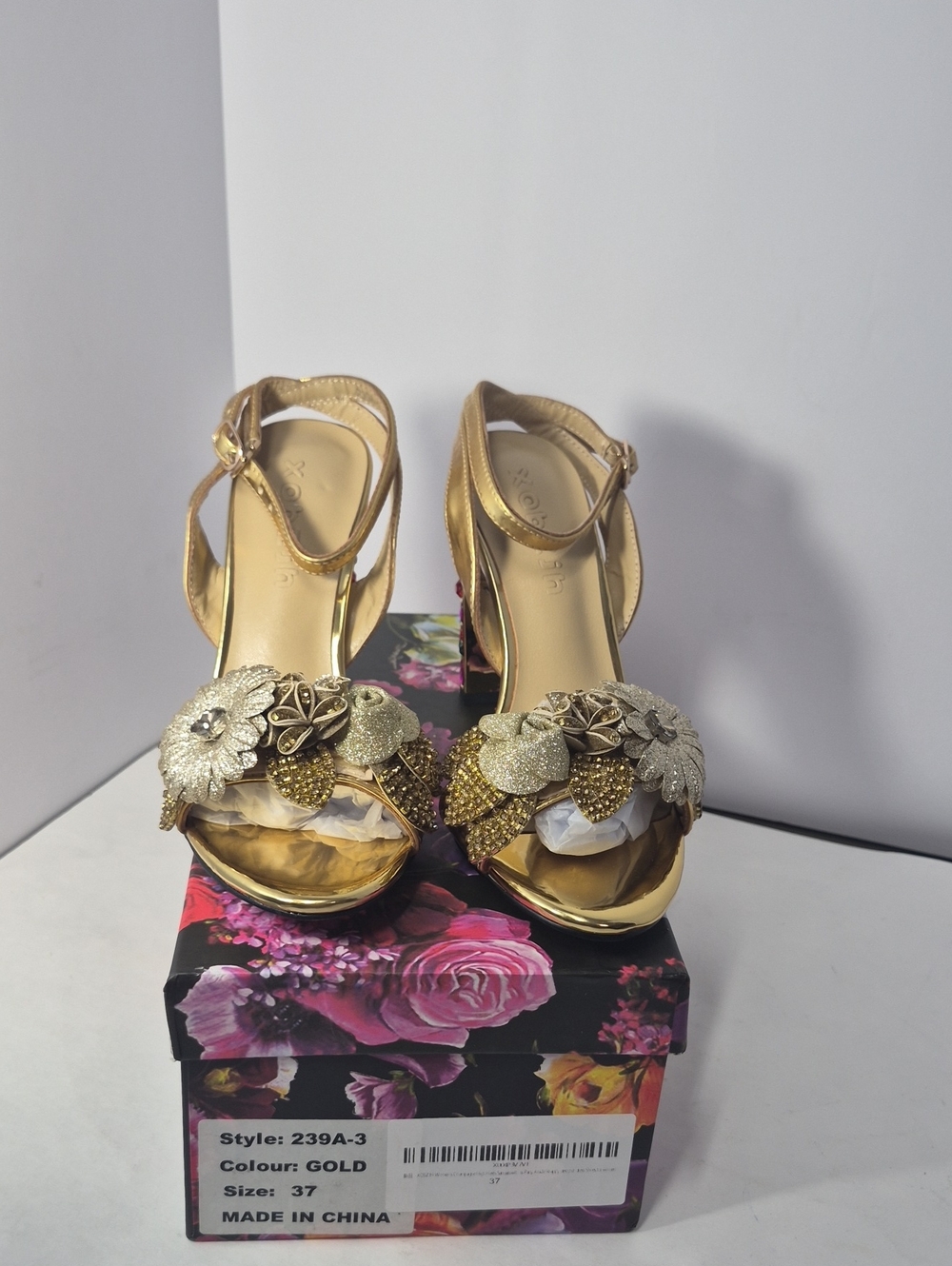 Gold Floral Embellished Women’s Heeled Sandals
